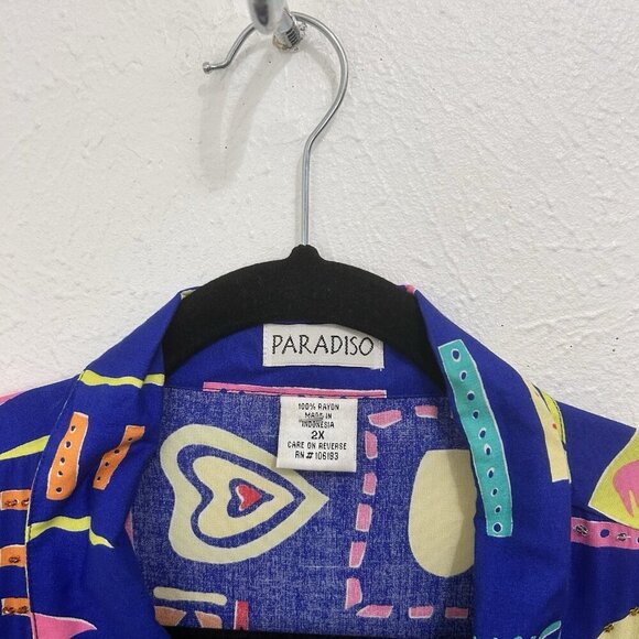 VTG 90s Paradiso Blue Colorful Quirky Hawaiian Shirt Artsy Beach Dopamine Sz 3X - Picture 6 of 10